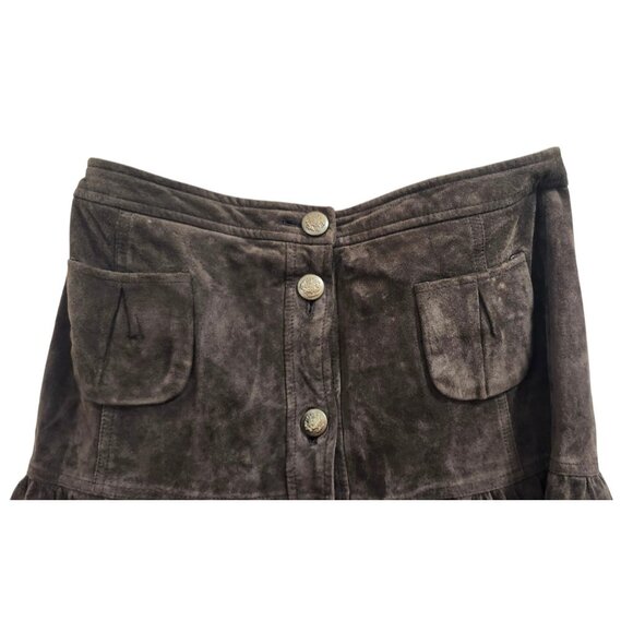LOFT  Brown Suede Button Front Skirt High Waist Ruffle Hem Flap Pockets Boho 8 - Picture 3 of 10